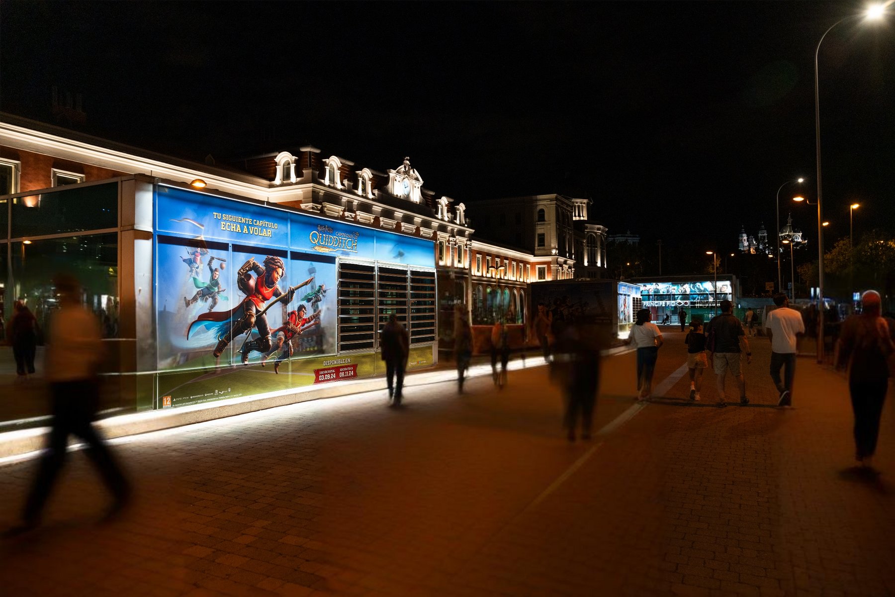 Fachadas publicitarias iluminadas Marketing Espectacular 360 en Estación Príncipe Pío Madrid