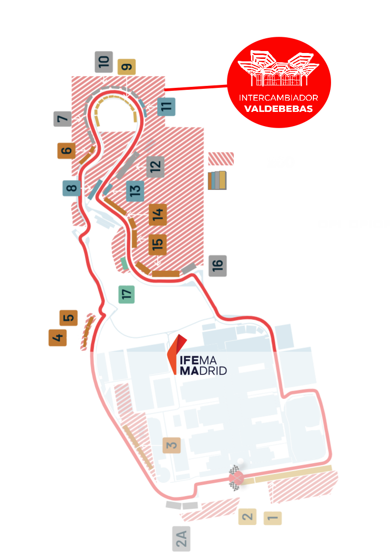 Plano circuito fórmula 1 IFEMA Valdebebas Madring con espacios de publicidad exterior en accesos