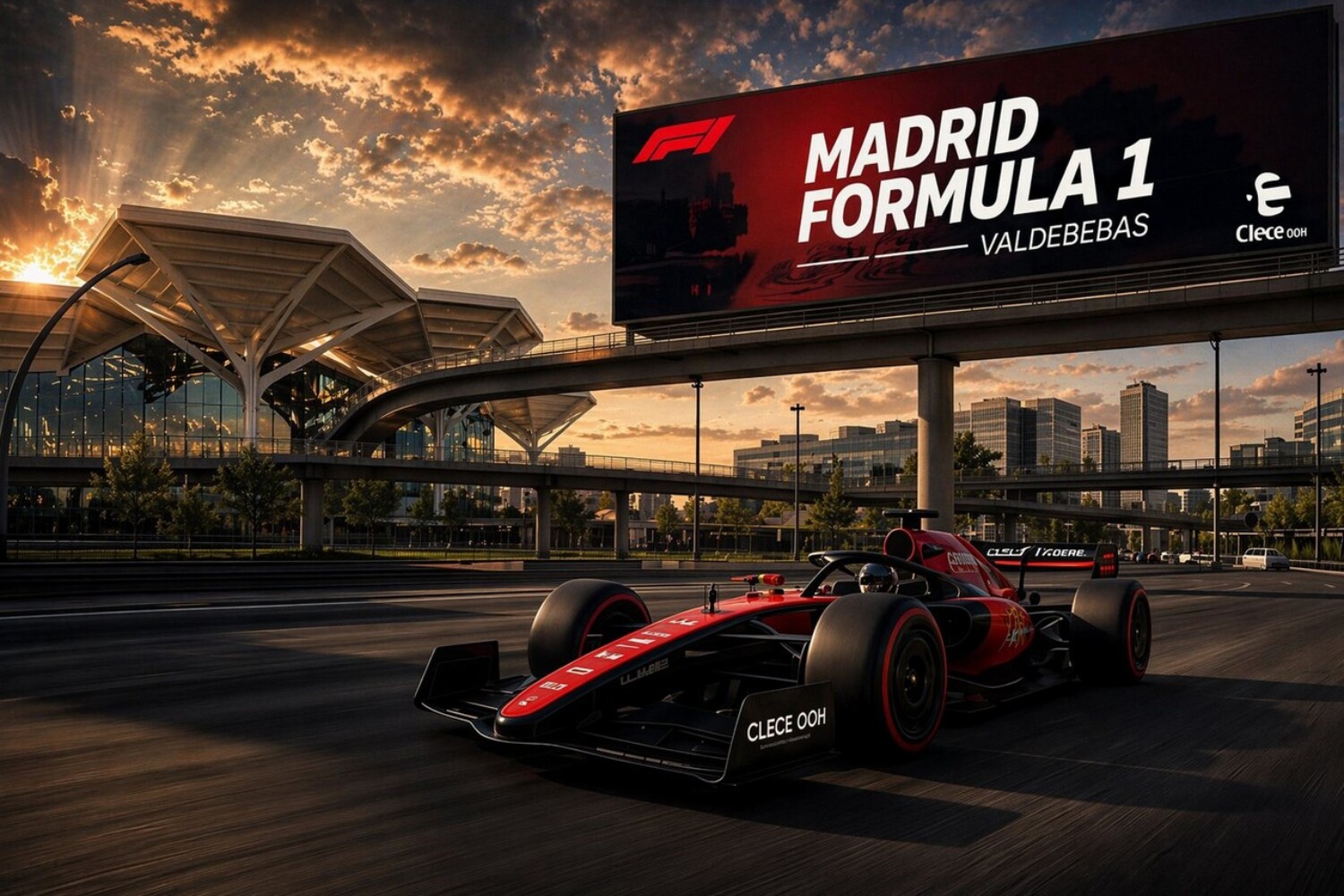 Artículor publicidad exterior en circuito Fórmula 1 Madrid IFEMA Madring Valdebebas Clece OOH