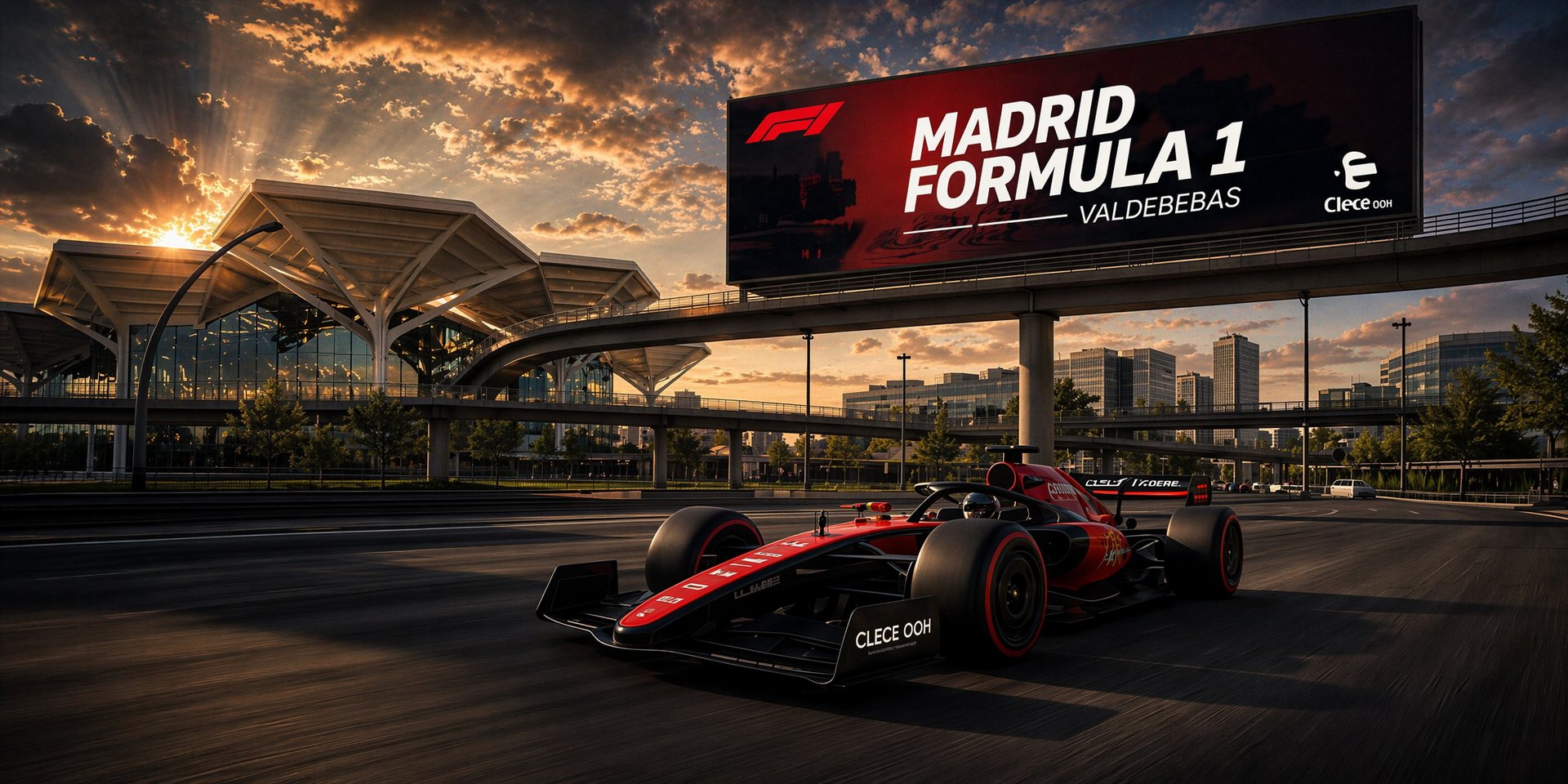 Publicidad exterior en circuito Fórmula 1 Madrid IFEMA Madring Valdebeba Clece OOH